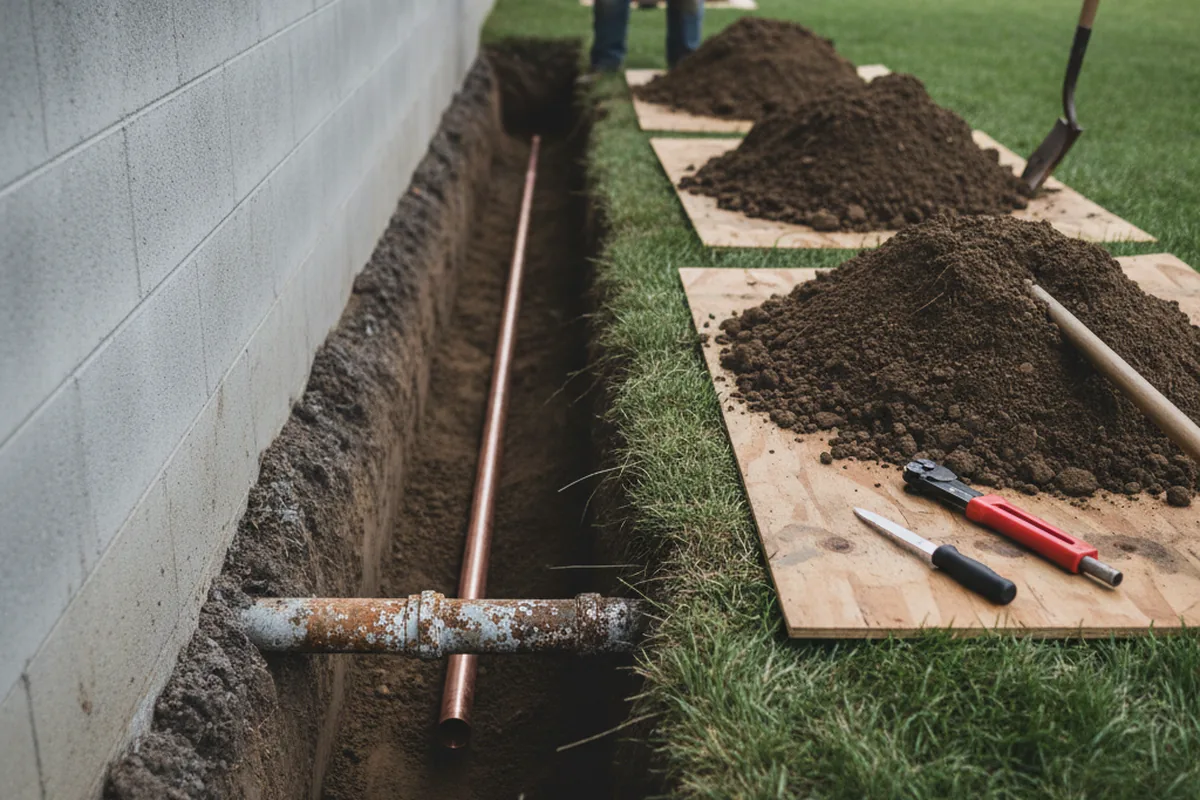 Excavated water line trench during Sewer Line Repair in Jersey